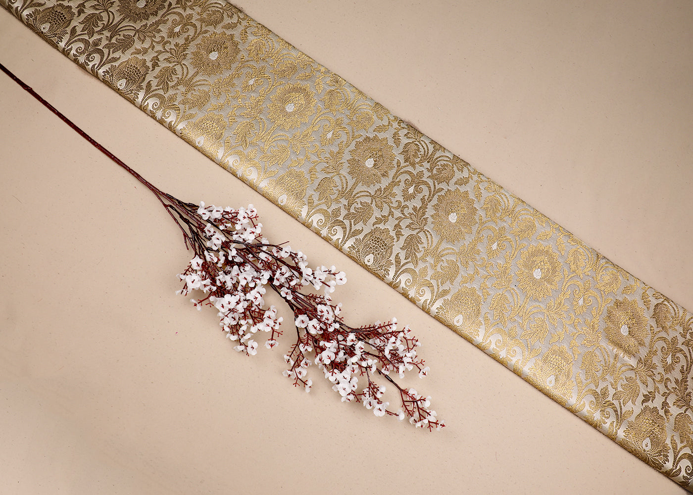 Cream Banarasi Brocade Fabric With All Over Golden Zari Handloom 19557