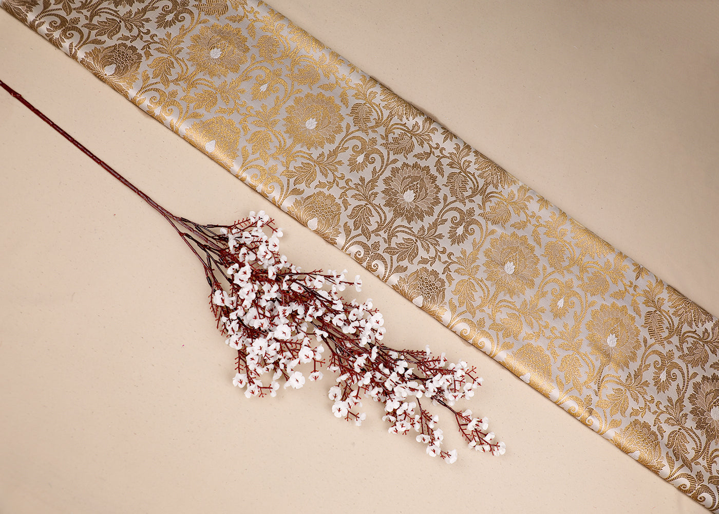 White Banarasi Brocade Fabric With All Over Golden Zari Handloom 19558