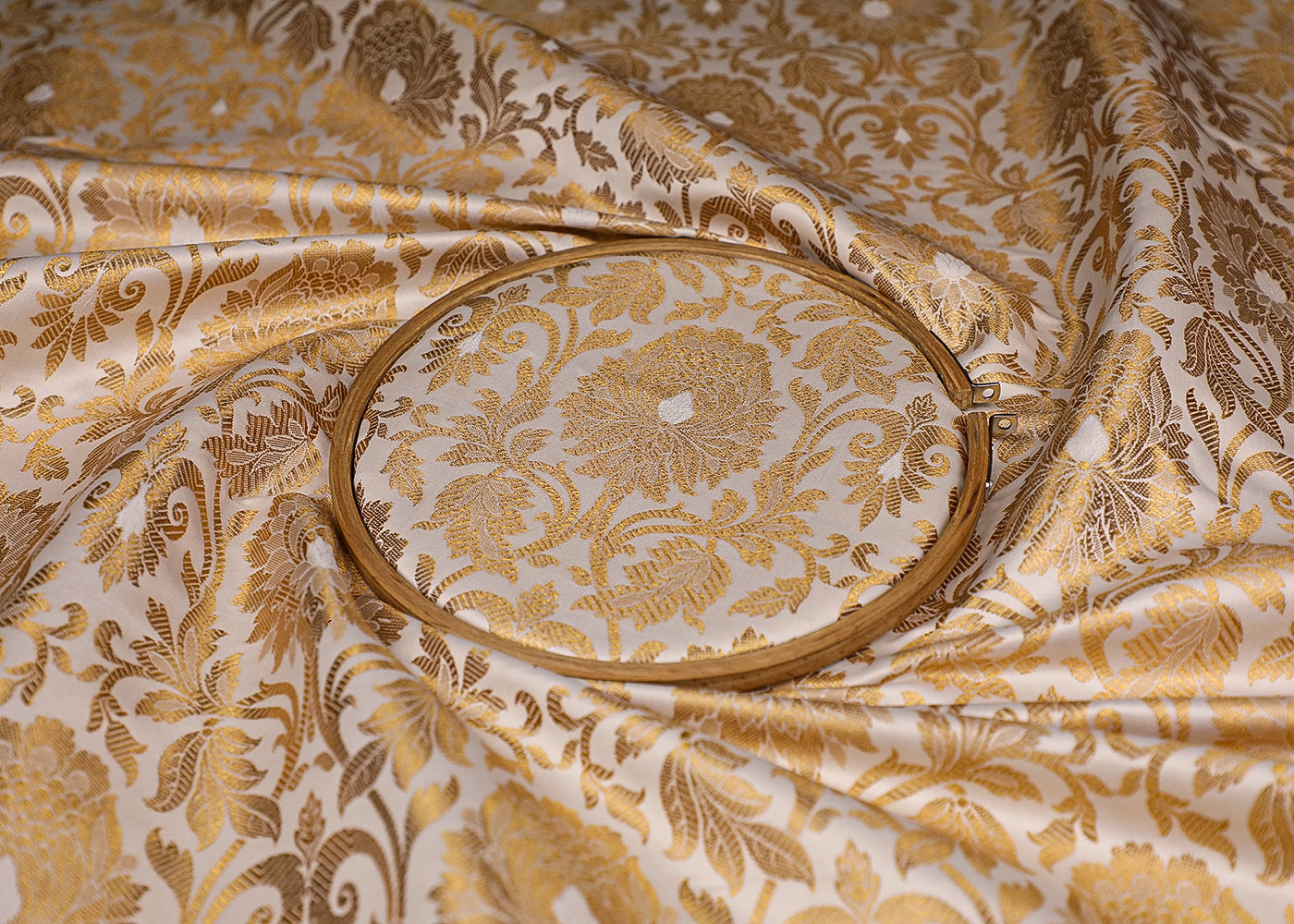 White Banarasi Brocade Fabric With All Over Golden Zari Handloom 19558