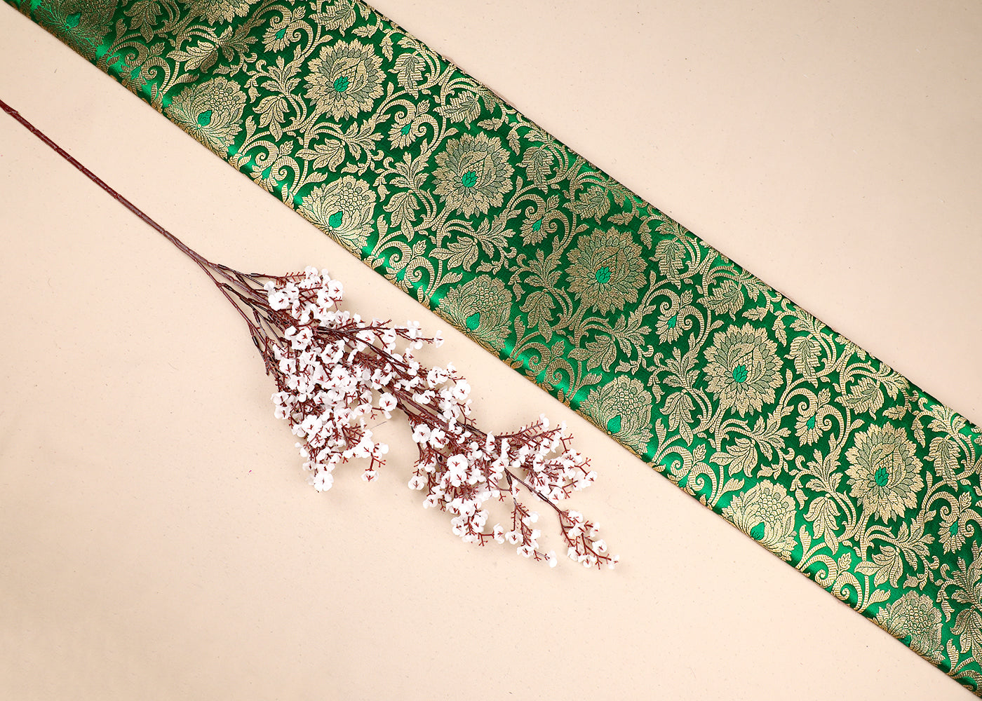 Green Banarasi Brocade Fabric With All Over Golden Zari Handloom 19559