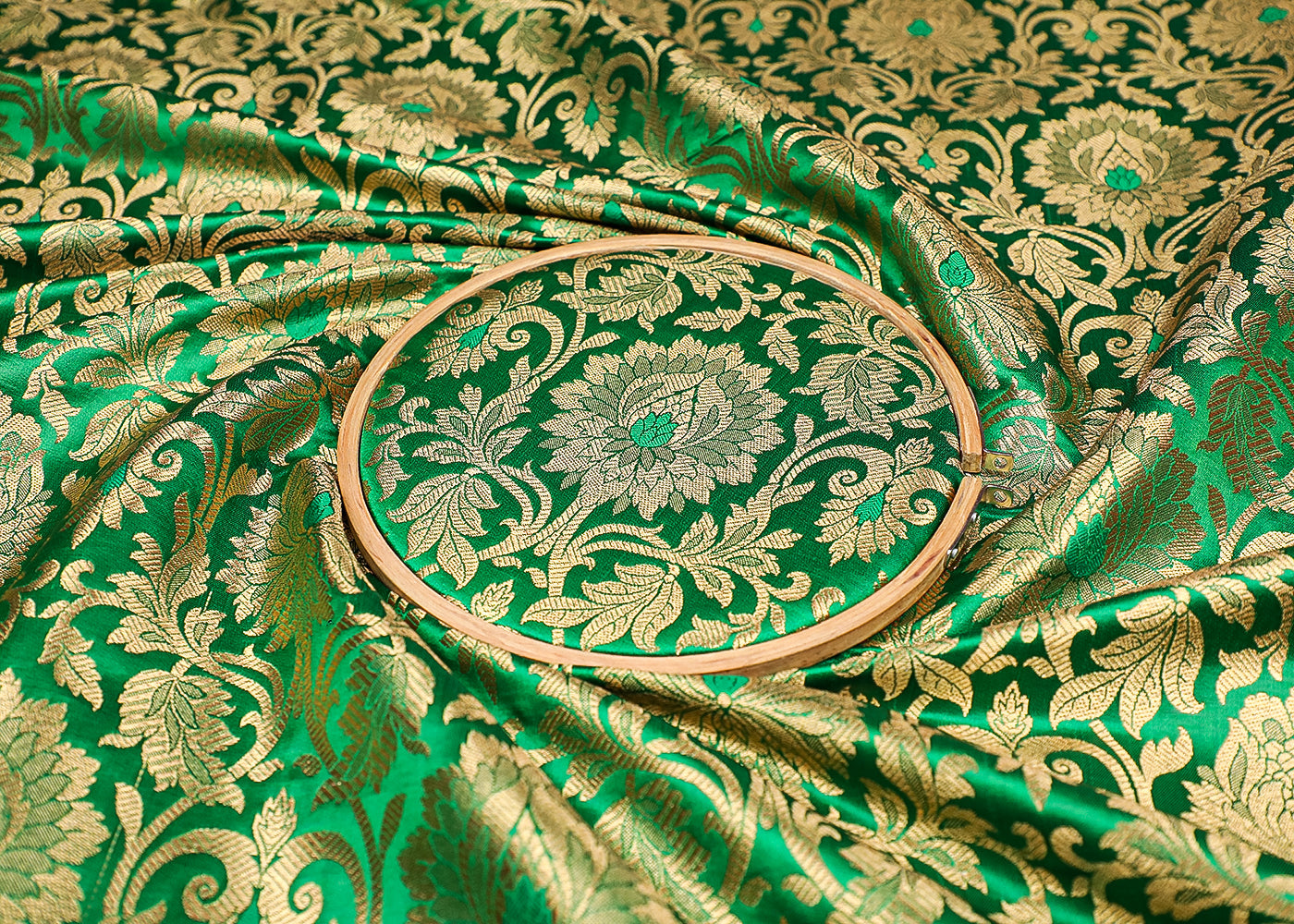 Green Banarasi Brocade Fabric With All Over Golden Zari Handloom 19559