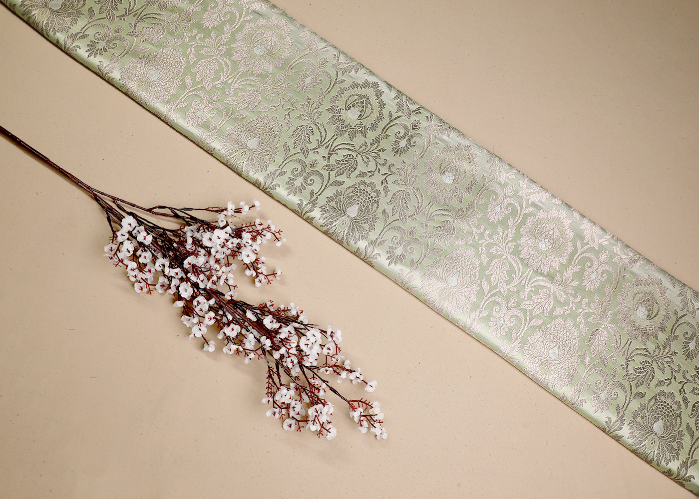Pastel Green Banarasi Brocade Fabric With All Over Golden Zari Handloom 19560