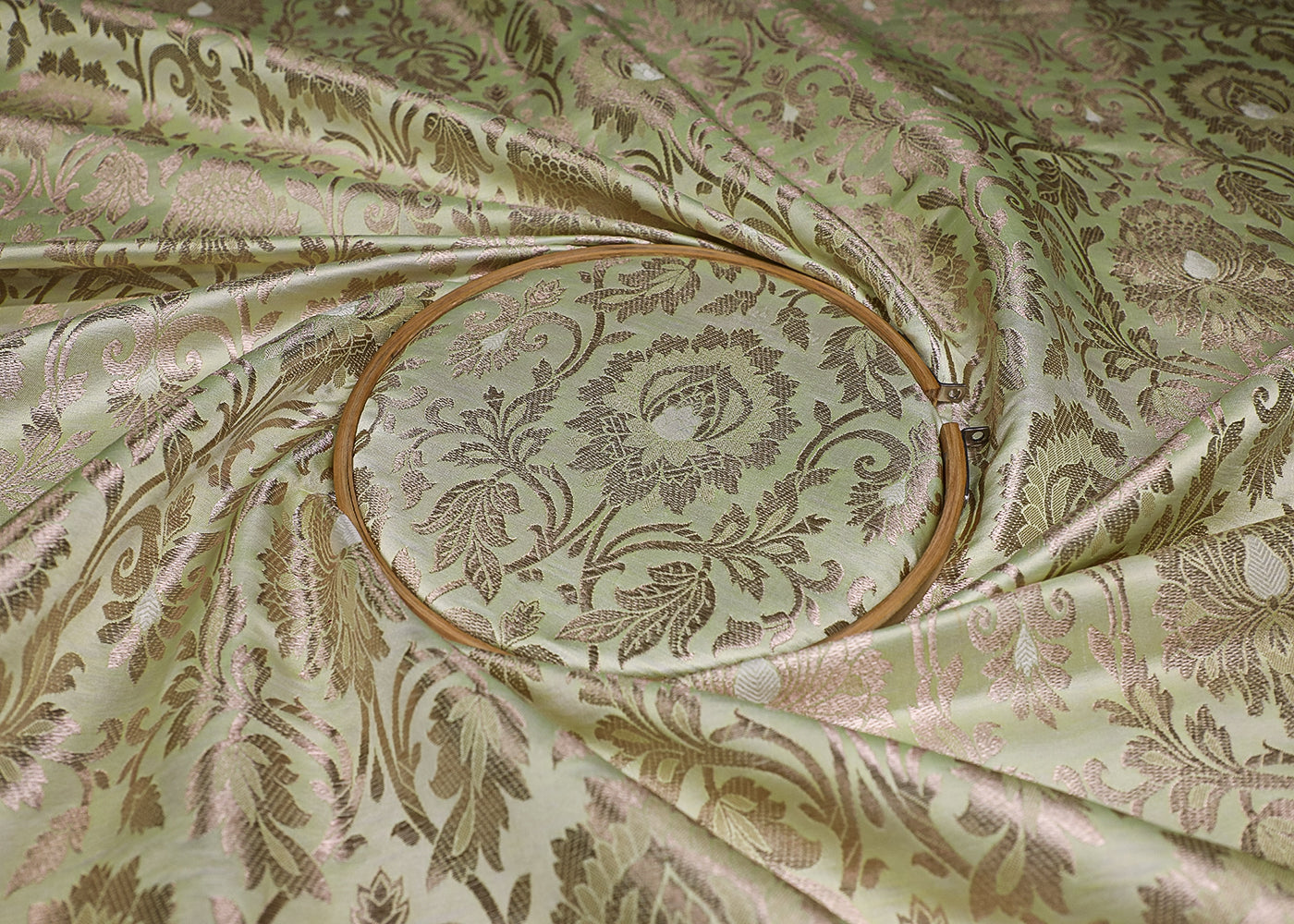 Pastel Green Banarasi Brocade Fabric With All Over Golden Zari Handloom 19560