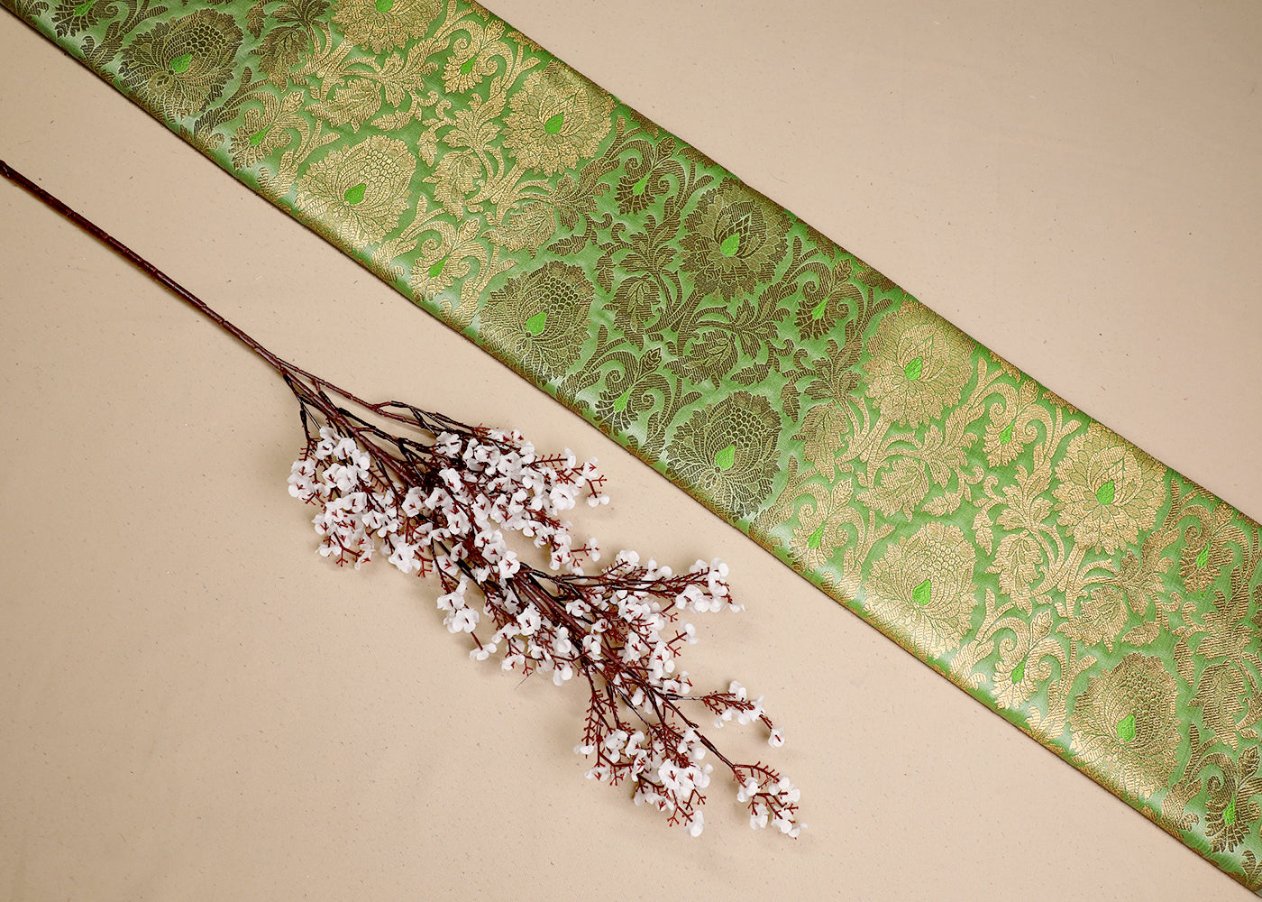 Pista Green Banarasi Brocade Fabric With All Over Golden Zari Handloom 19561