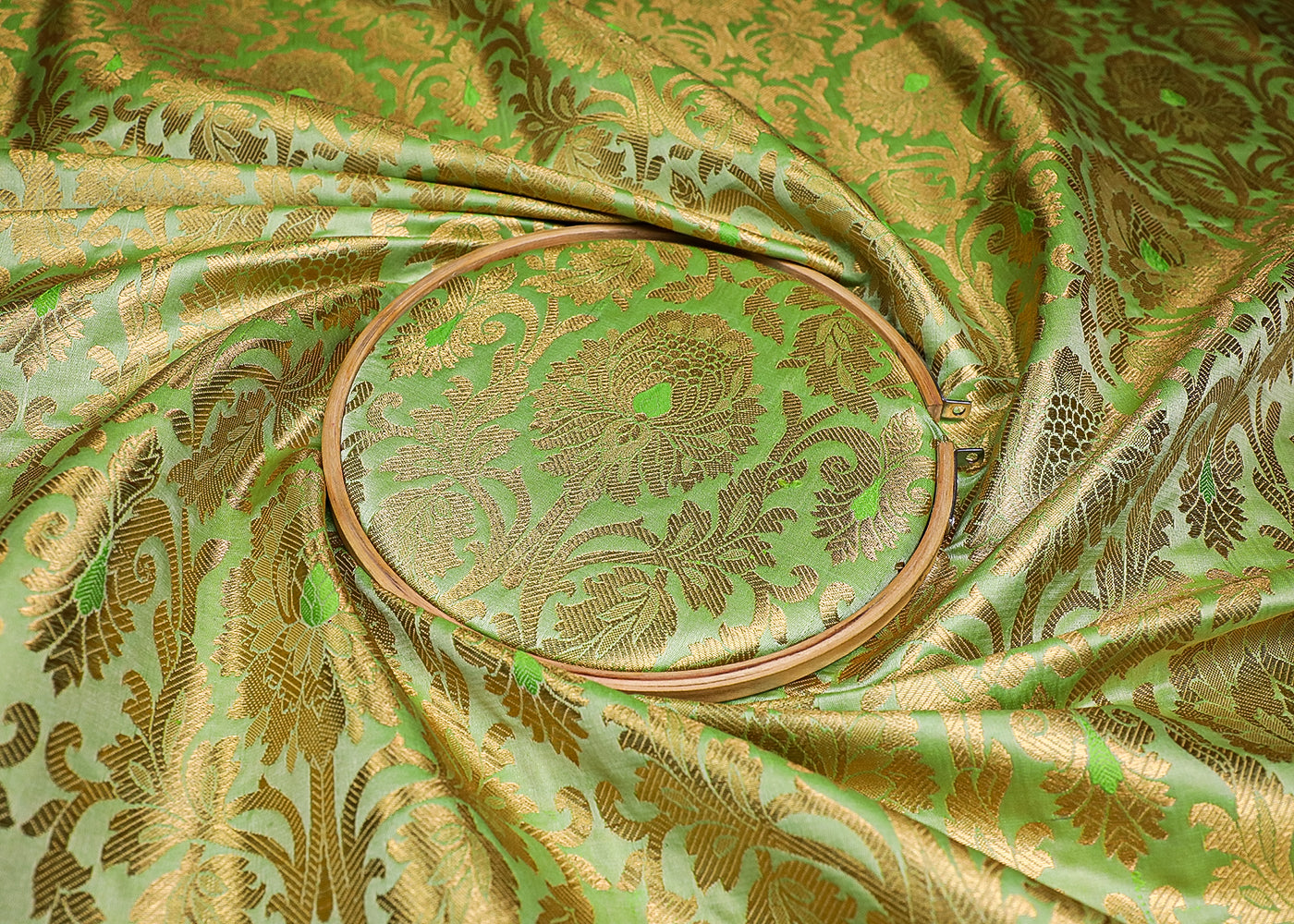 Pista Green Banarasi Brocade Fabric With All Over Golden Zari Handloom 19561