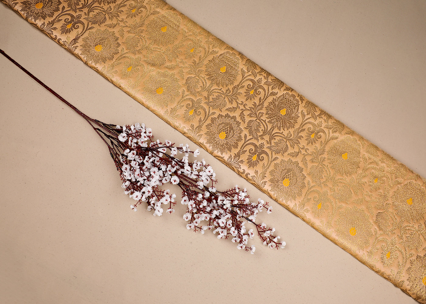 Peach Banarasi Brocade Fabric With All Over Golden Zari Handloom 19563
