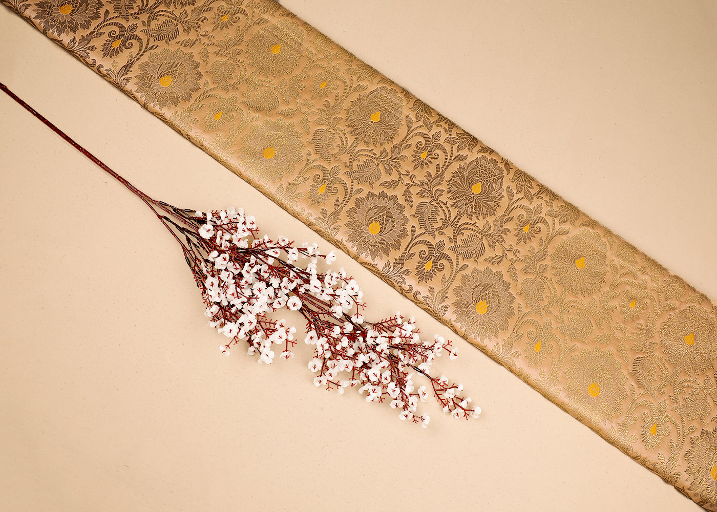 Peach Banarasi Brocade Fabric With All Over Golden Zari Handloom 19563