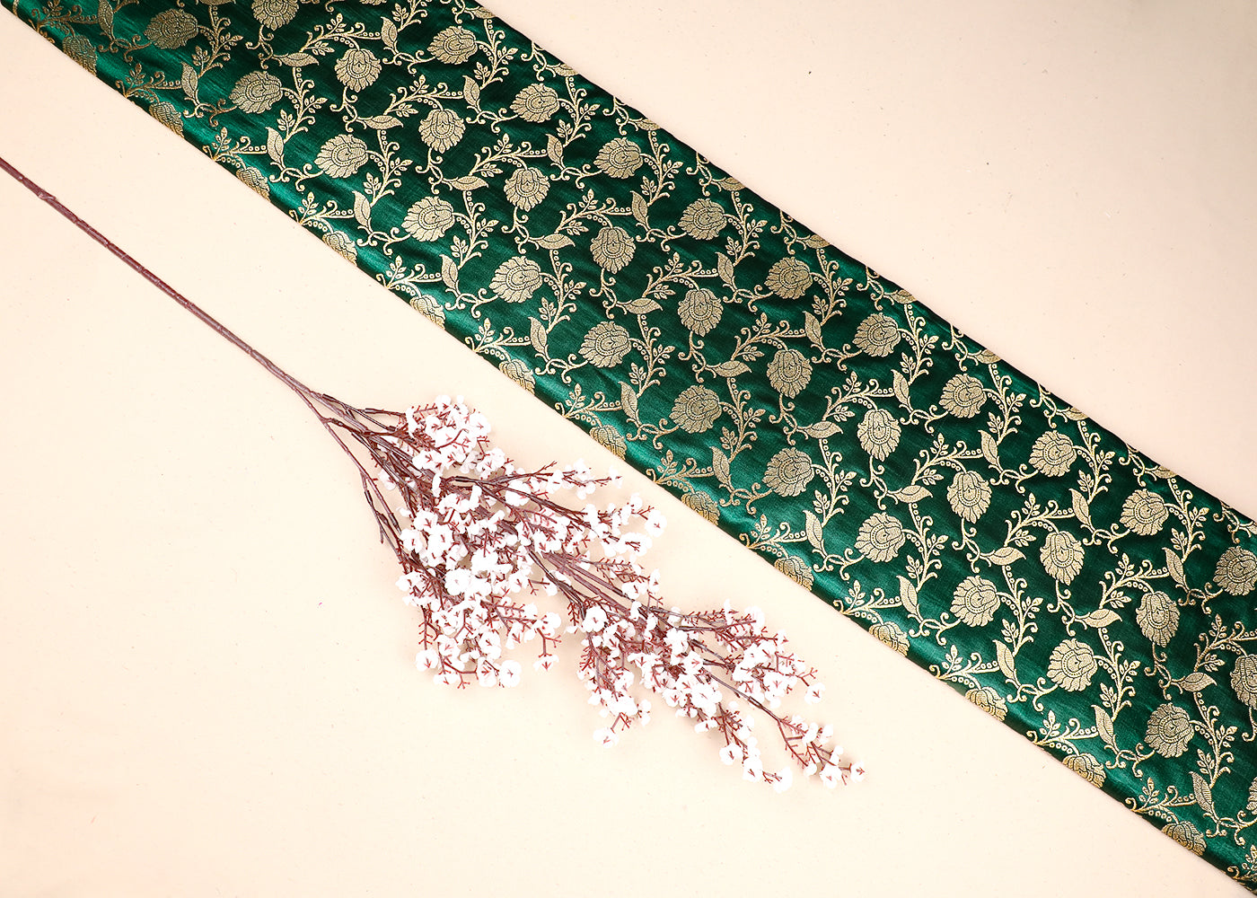 Dark Green Banarasi Brocade Fabric With All Over Golden Zari Handloom 19564