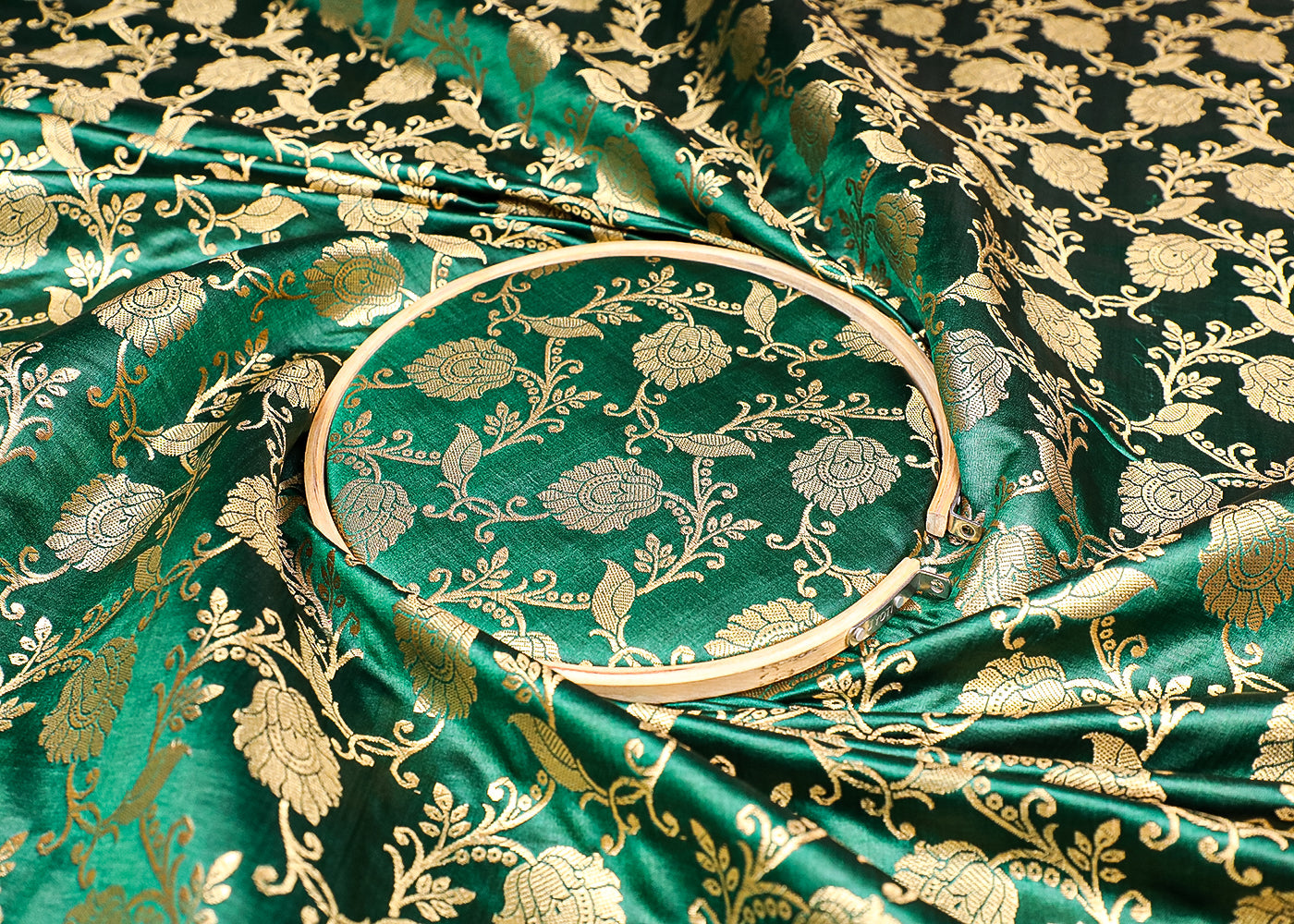 Dark Green Banarasi Brocade Fabric With All Over Golden Zari Handloom 19564