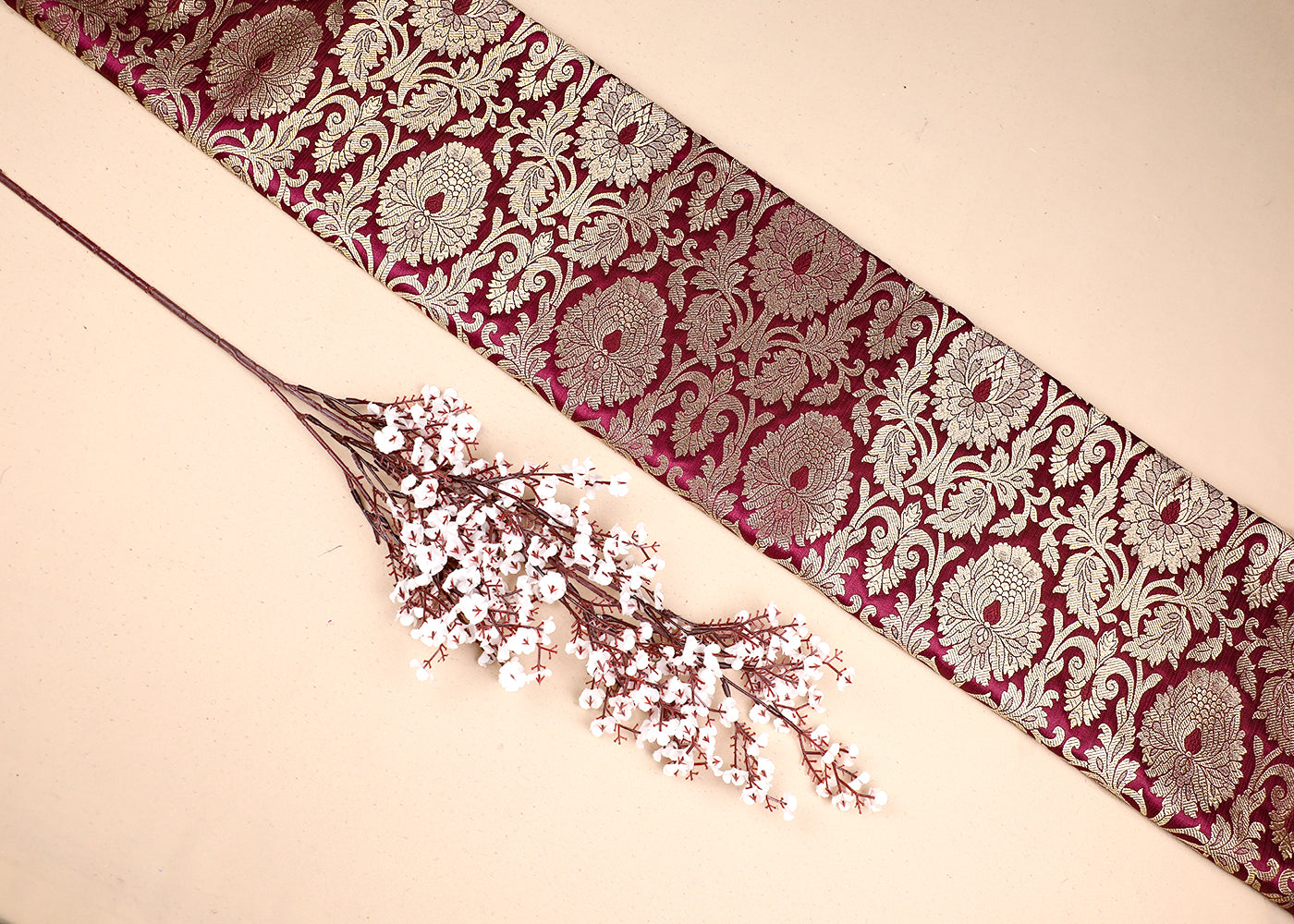 Wine Banarasi Brocade Fabric With All Over Golden Zari Handloom 19565