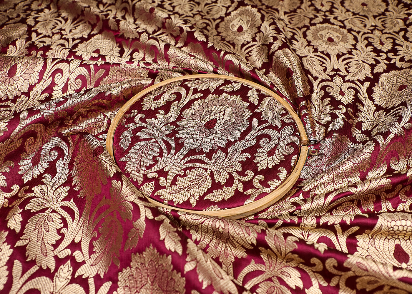 Wine Banarasi Brocade Fabric With All Over Golden Zari Handloom 19565
