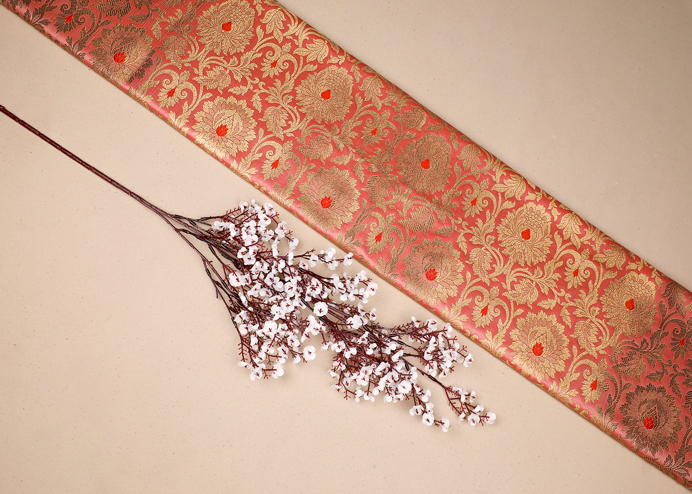 Peach Banarasi Brocade Fabric With All Over Golden Zari Handloom 19567