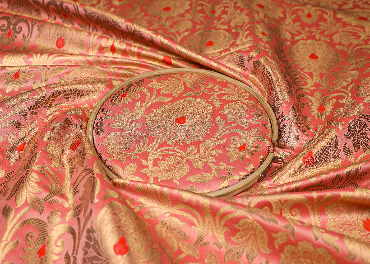 Peach Banarasi Brocade Fabric With All Over Golden Zari Handloom 19567
