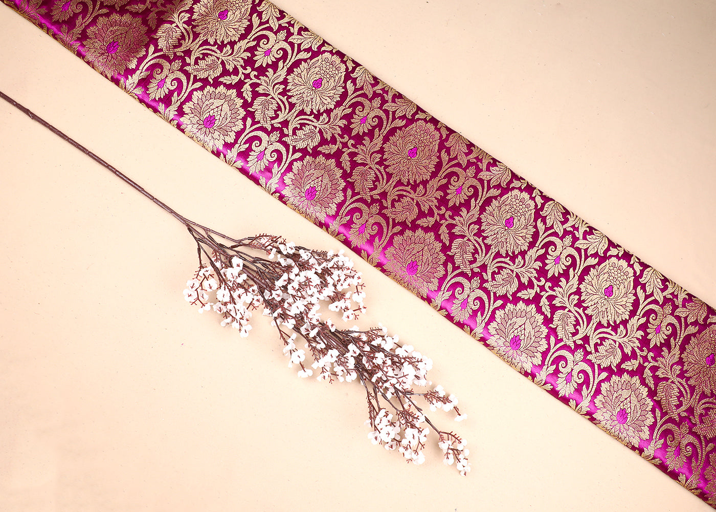 Purple Banarasi Brocade Fabric With All Over Golden Zari Handloom 19568