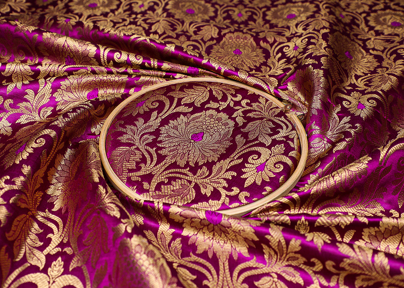 Purple Banarasi Brocade Fabric With All Over Golden Zari Handloom 19568