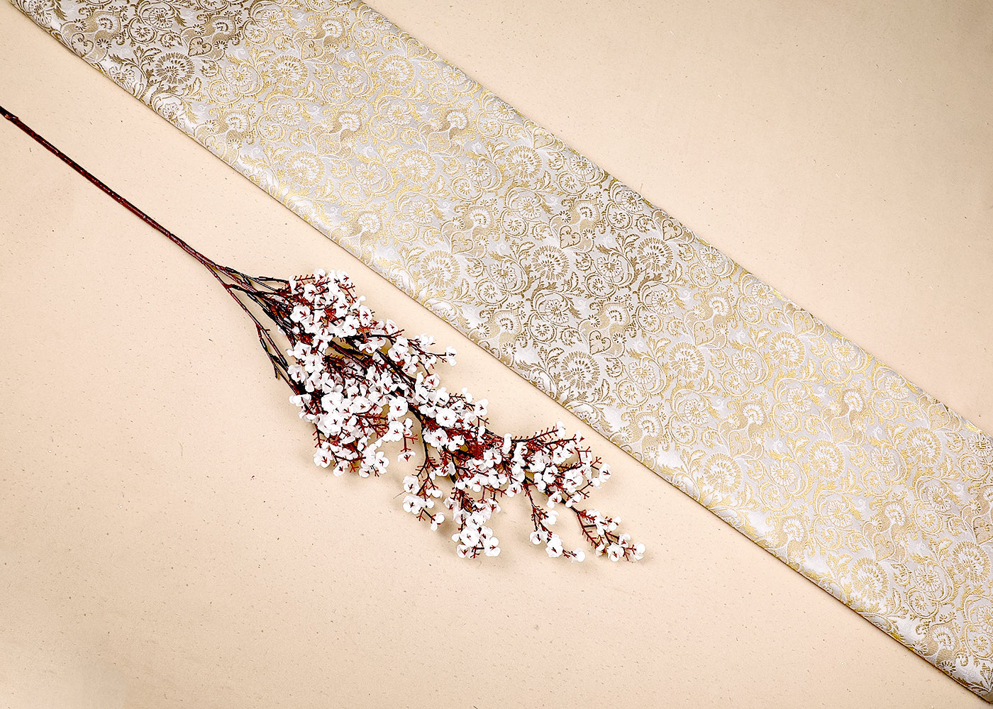 White Banarasi Brocade Fabric With All Over Thread And Golden Zari Handloom 19569