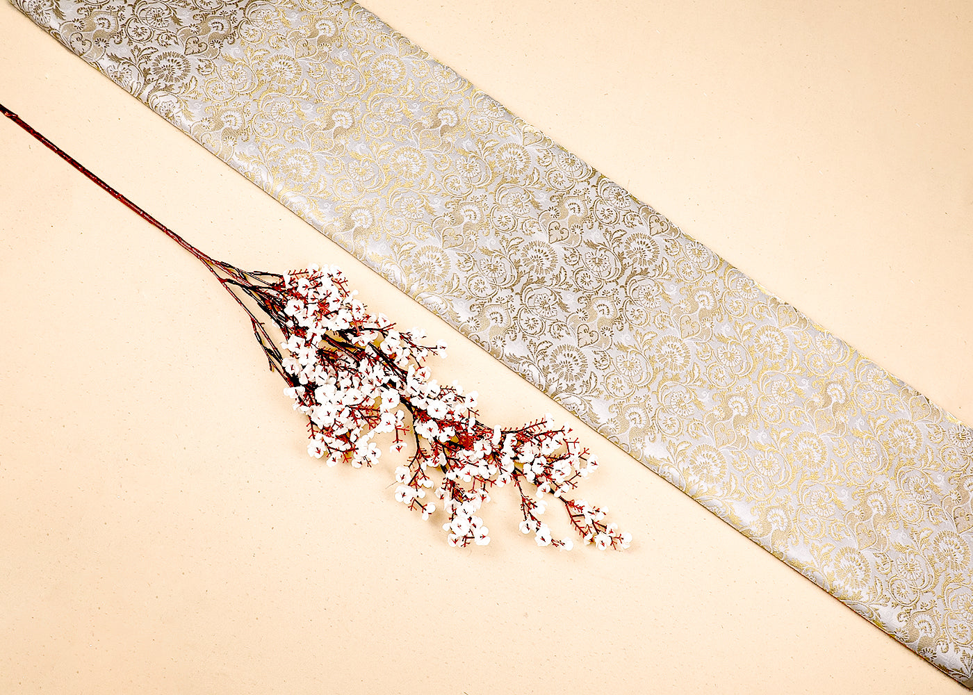 White Banarasi Brocade Fabric With All Over Thread And Golden Zari Handloom 19569