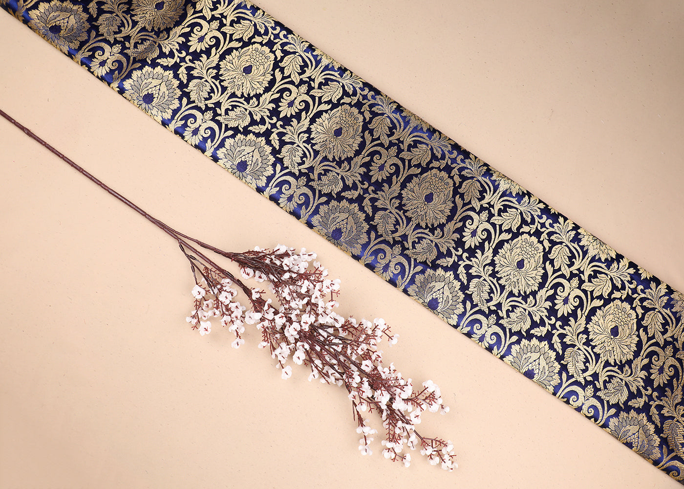 Navy Blue Banarasi Brocade Fabric With All Over Golden Zari Handloom 19570