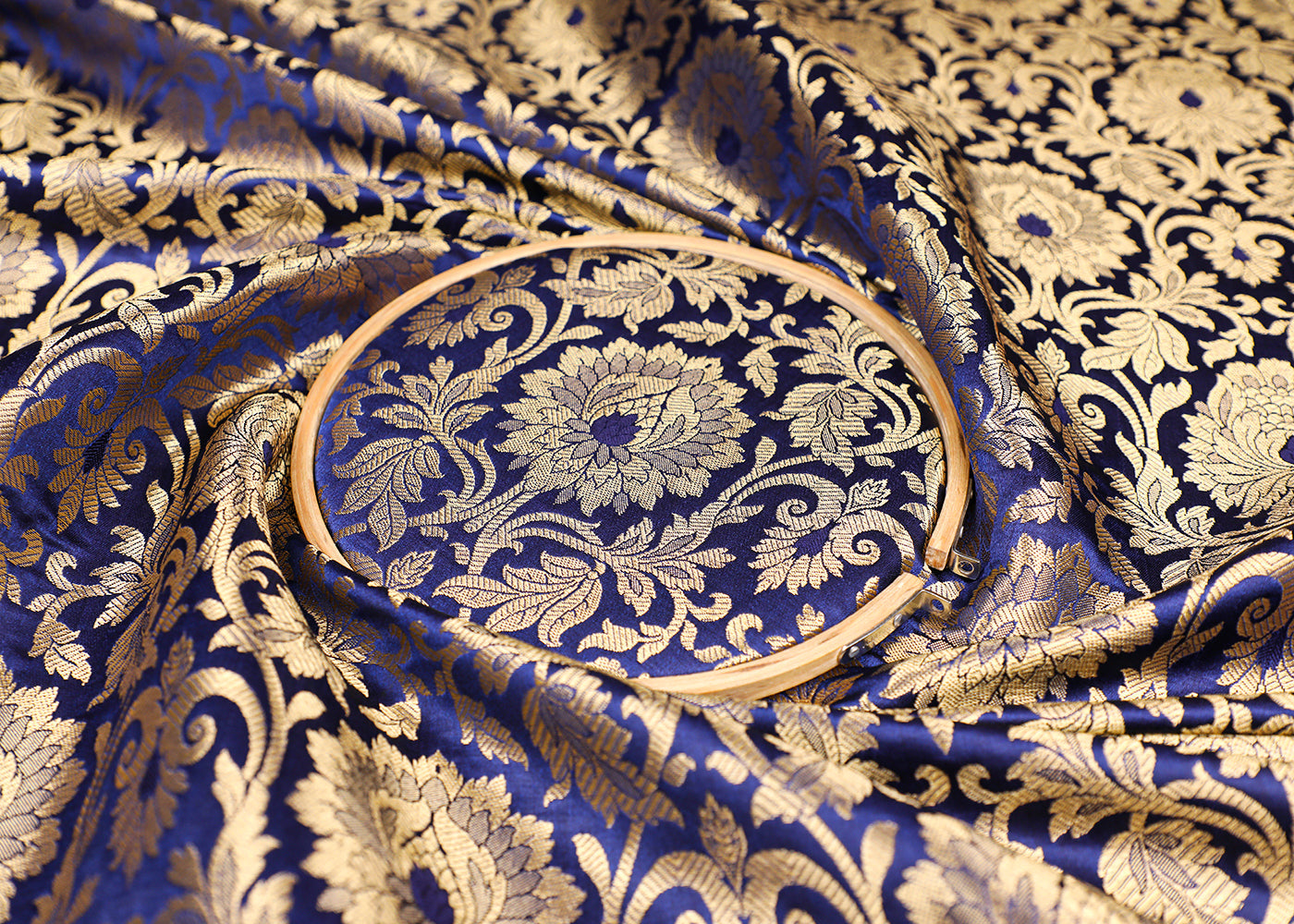 Navy Blue Banarasi Brocade Fabric With All Over Golden Zari Handloom 19570