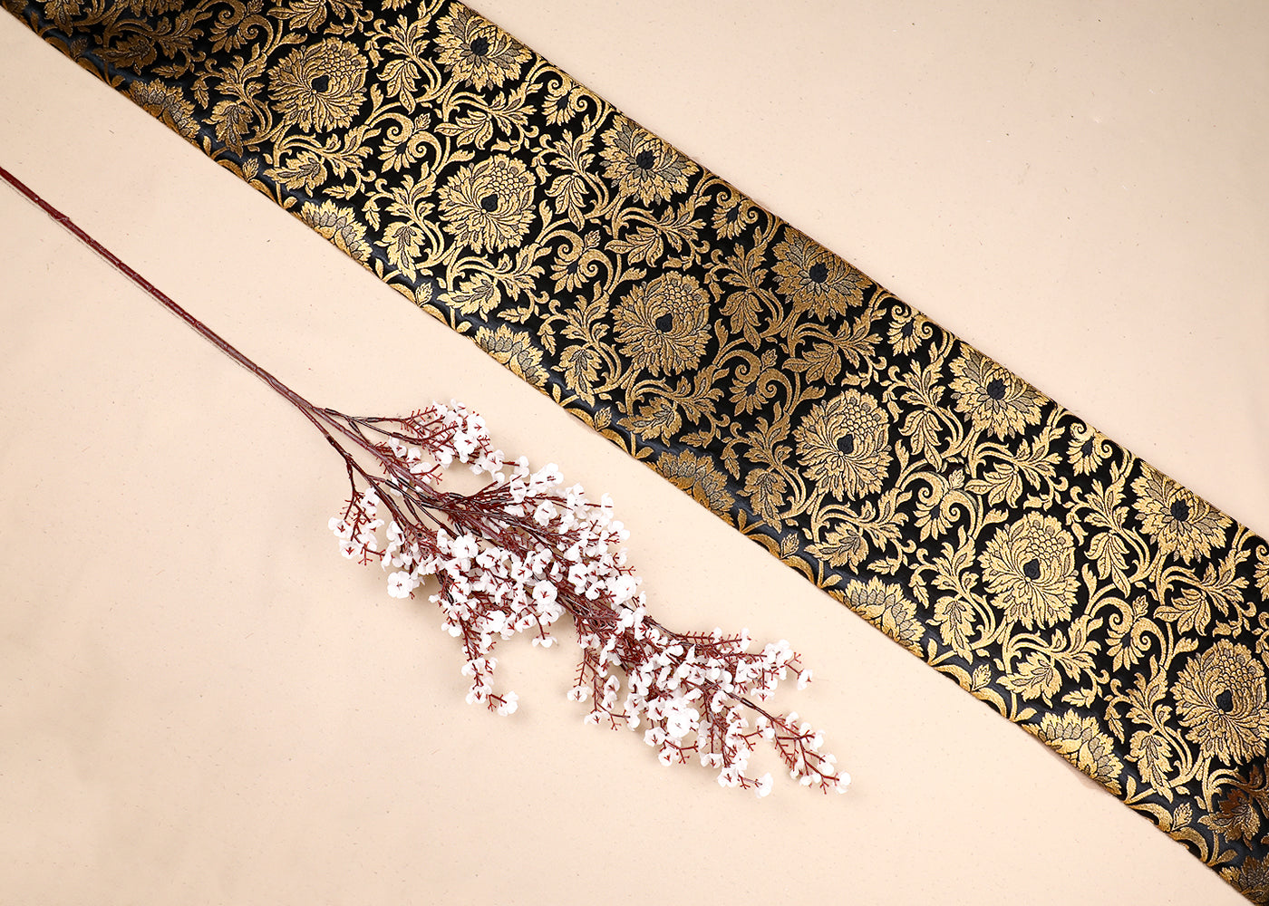 Black Banarasi Brocade Fabric With All Over Golden Zari Handloom 19571