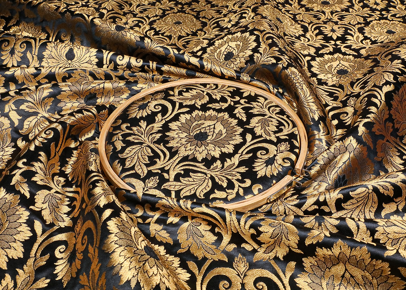 Black Banarasi Brocade Fabric With All Over Golden Zari Handloom 19571