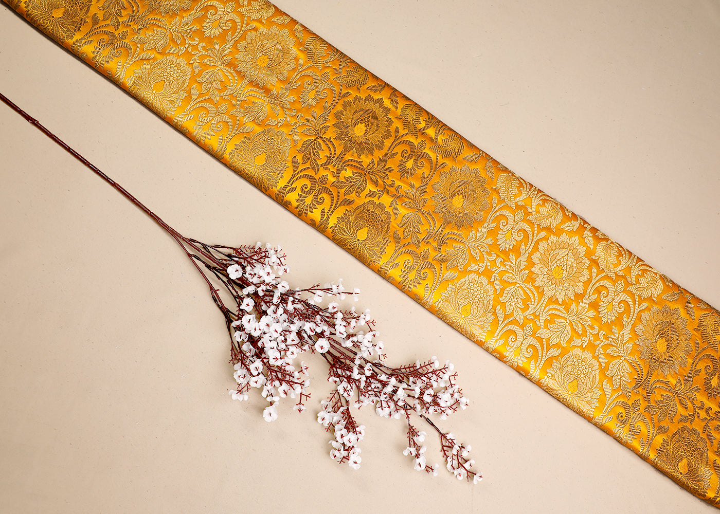 Yellow Banarasi Brocade Fabric With All Over Golden Zari Handloom 19572