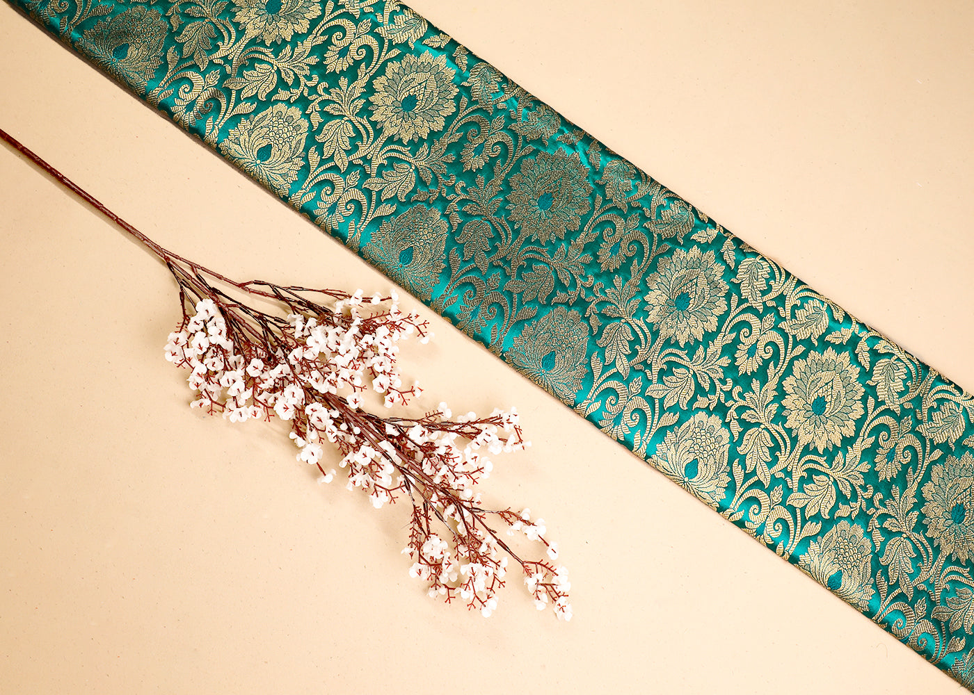 Teal Green Banarasi Brocade Fabric With All Over Golden Zari Handloom 19573