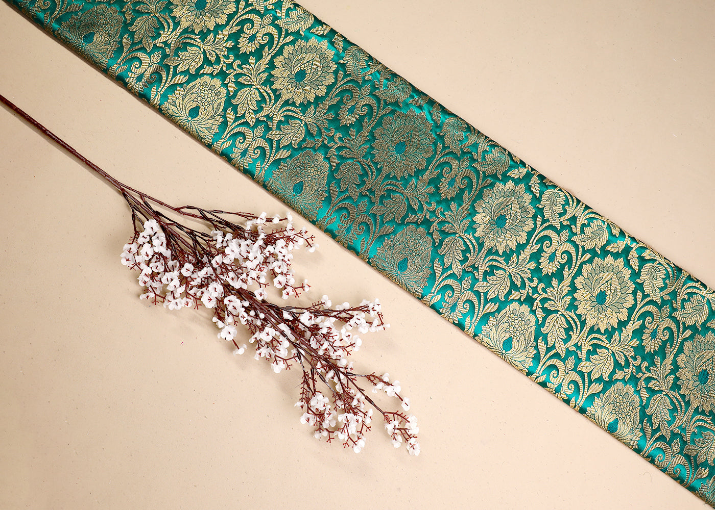 Green Banarasi Brocade Fabric With All Over Golden Zari Handloom 19573