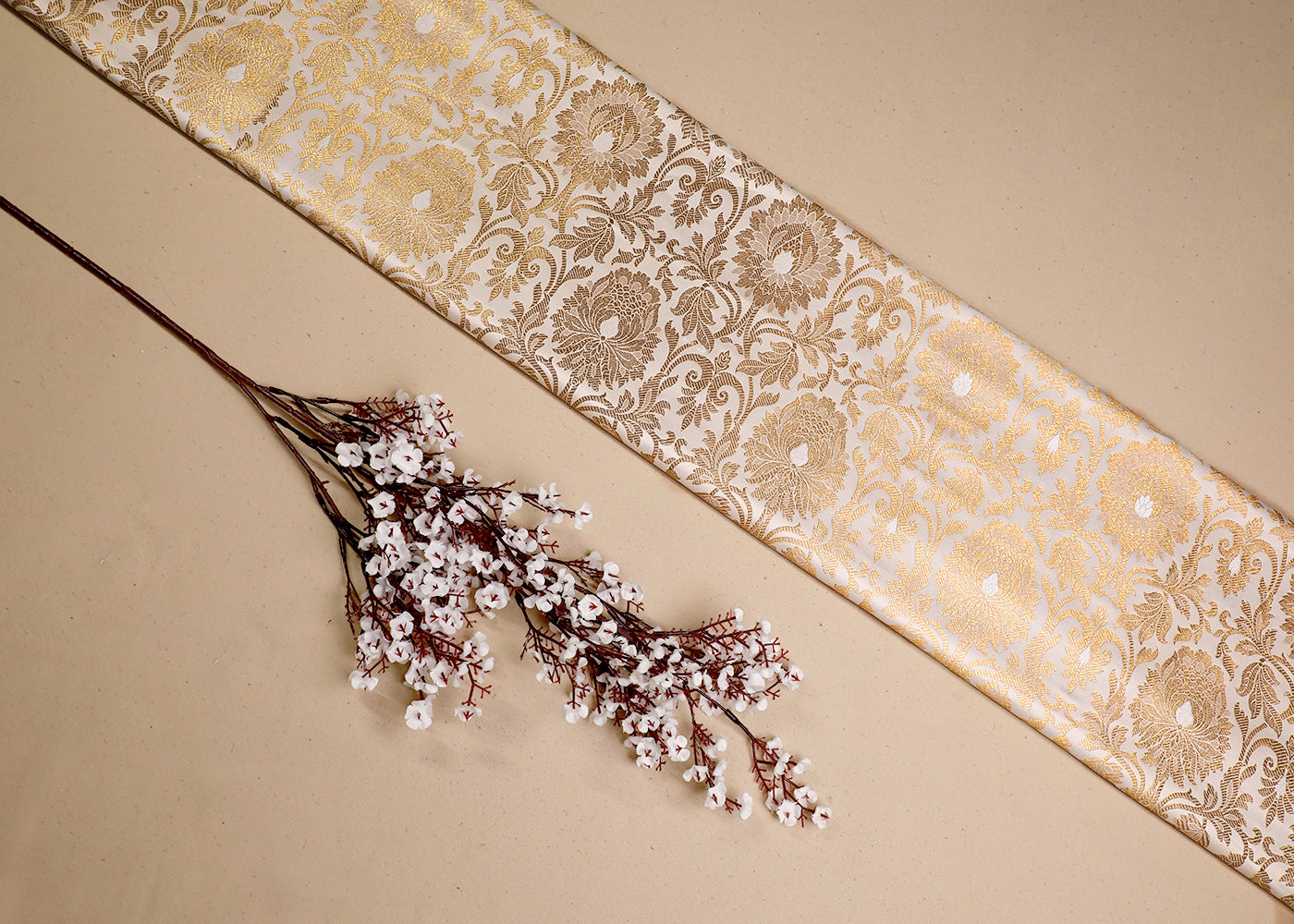Cream Banarasi Brocade Fabric With All Over Golden Zari Handloom 19574