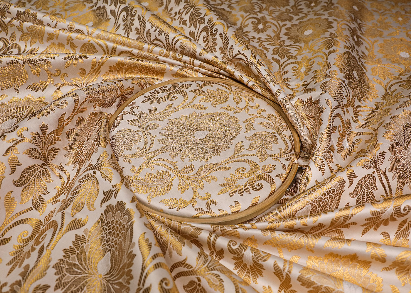 Cream Banarasi Brocade Fabric With All Over Golden Zari Handloom 19574