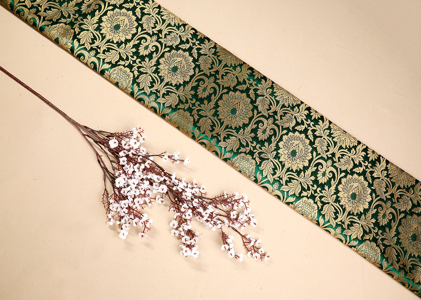 Dark Green Banarasi Brocade Fabric With All Over Golden Zari Handloom 19575