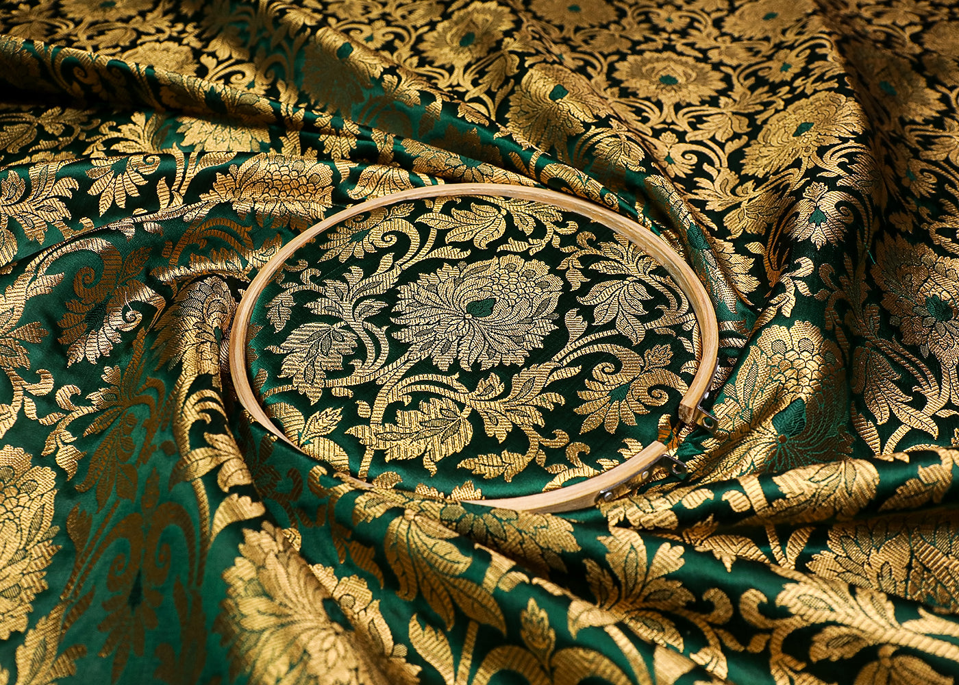 Dark Green Banarasi Brocade Fabric With All Over Golden Zari Handloom 19575
