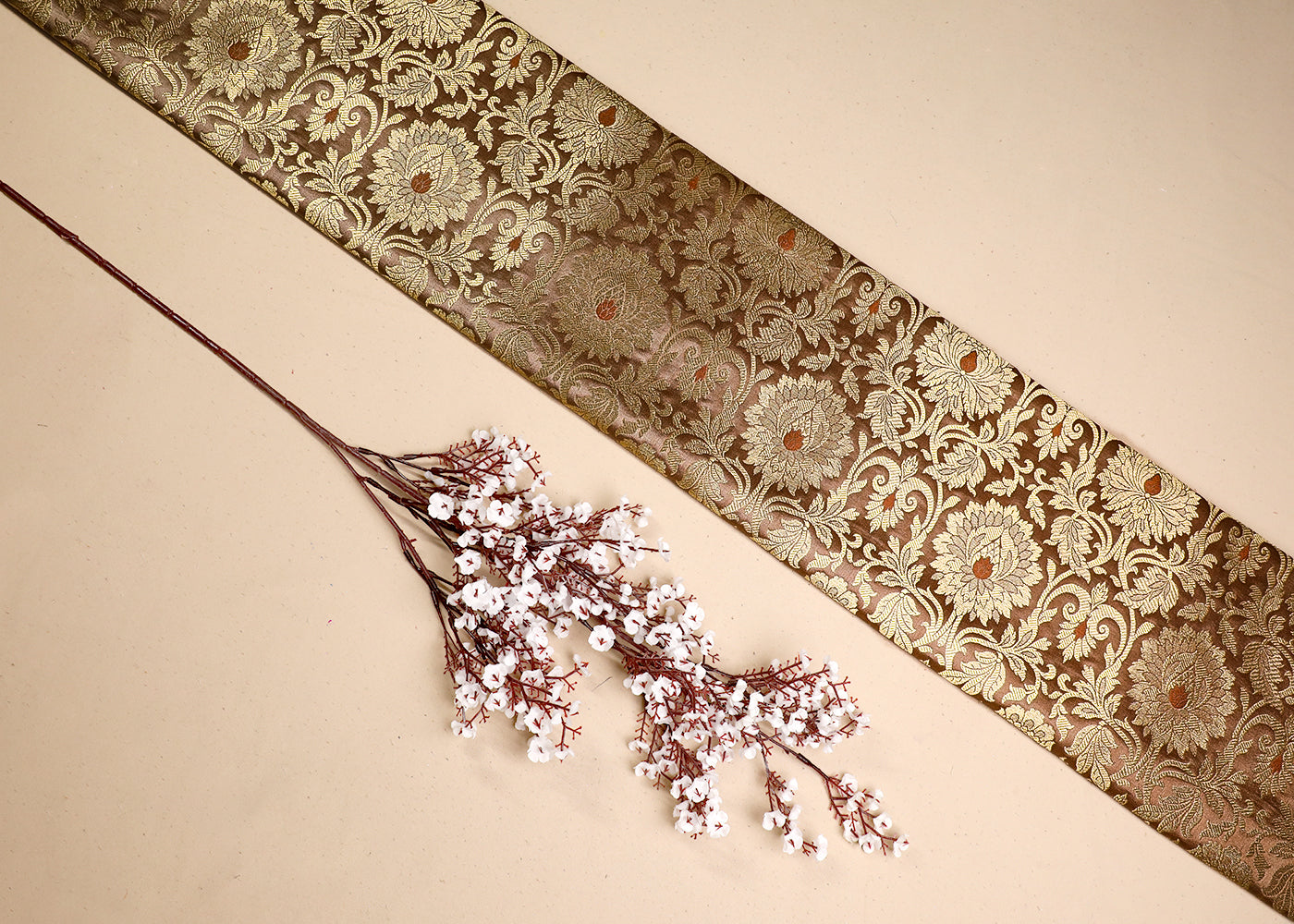 Brown Banarasi Brocade Fabric With All Over Golden Zari Handloom 19576