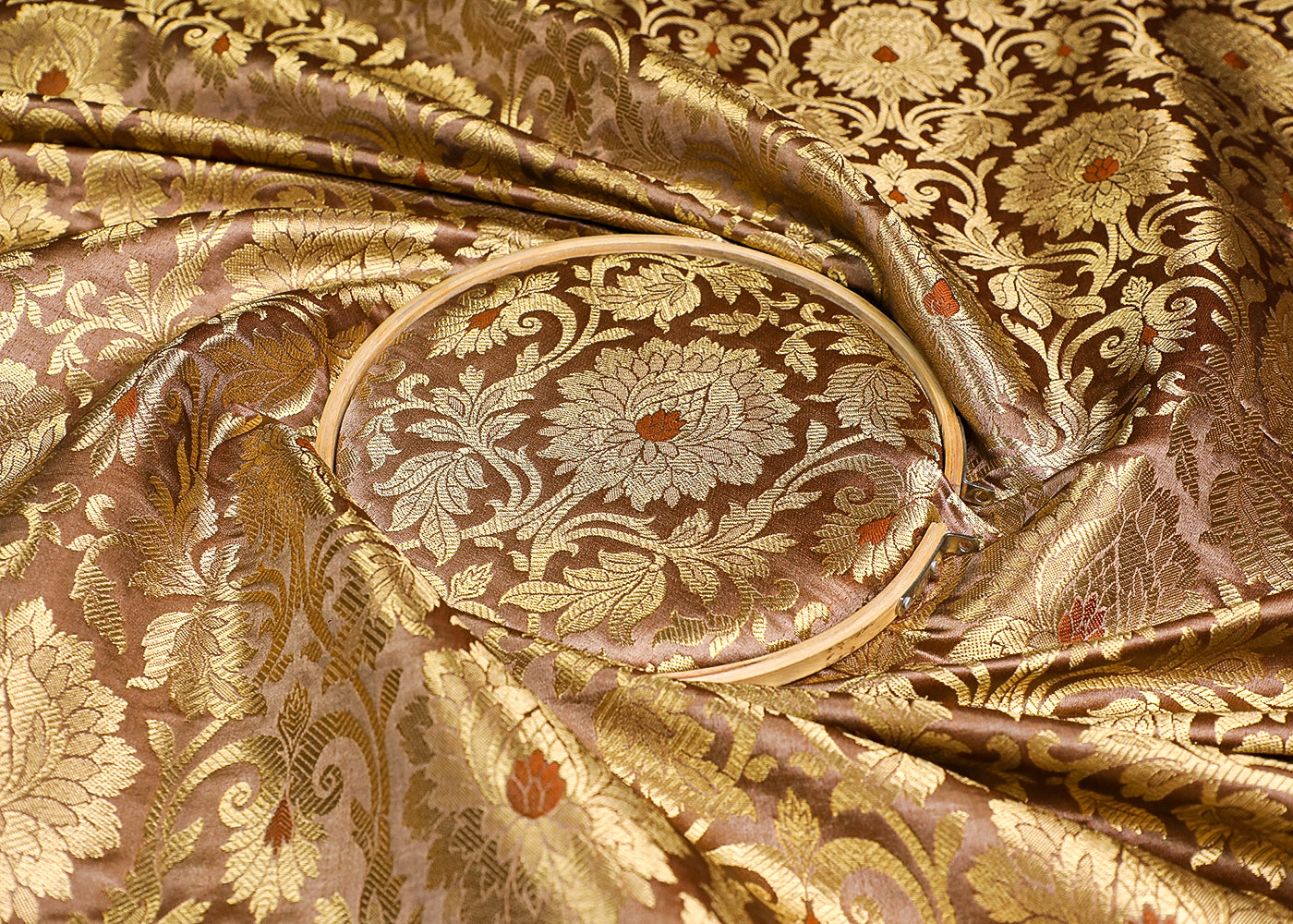 Brown Banarasi Brocade Fabric With All Over Golden Zari Handloom 19576