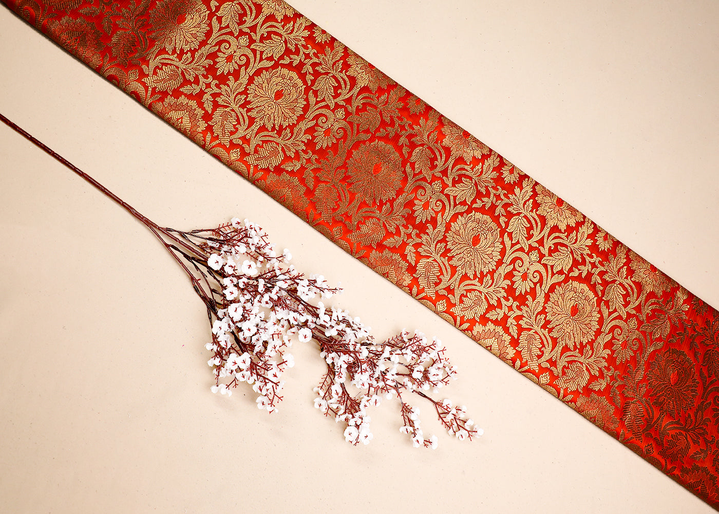 Orange Banarasi Brocade Fabric With All Over Golden Zari Handloom 19577