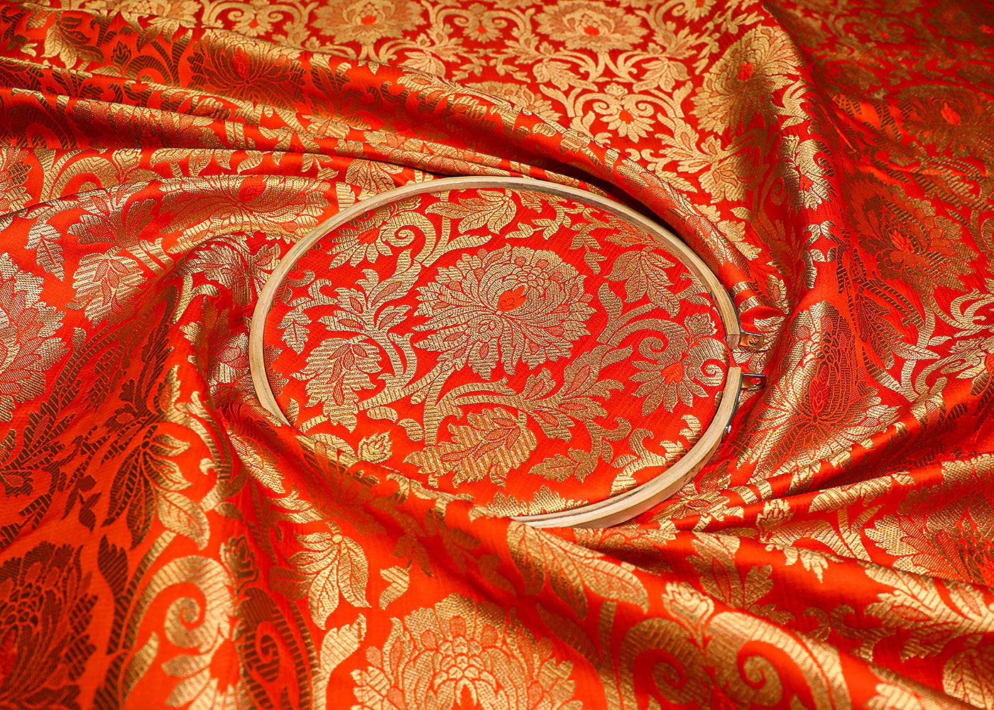 Orange Banarasi Brocade Fabric With All Over Golden Zari Handloom 19577