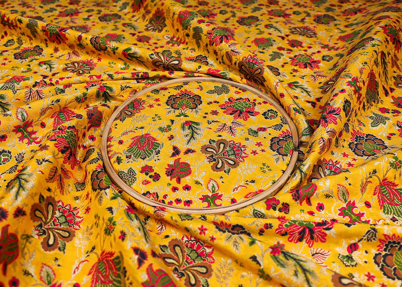 Mustard Banarasi Brocade Fabric With All Over Thread And Golden Zari Handloom 19578