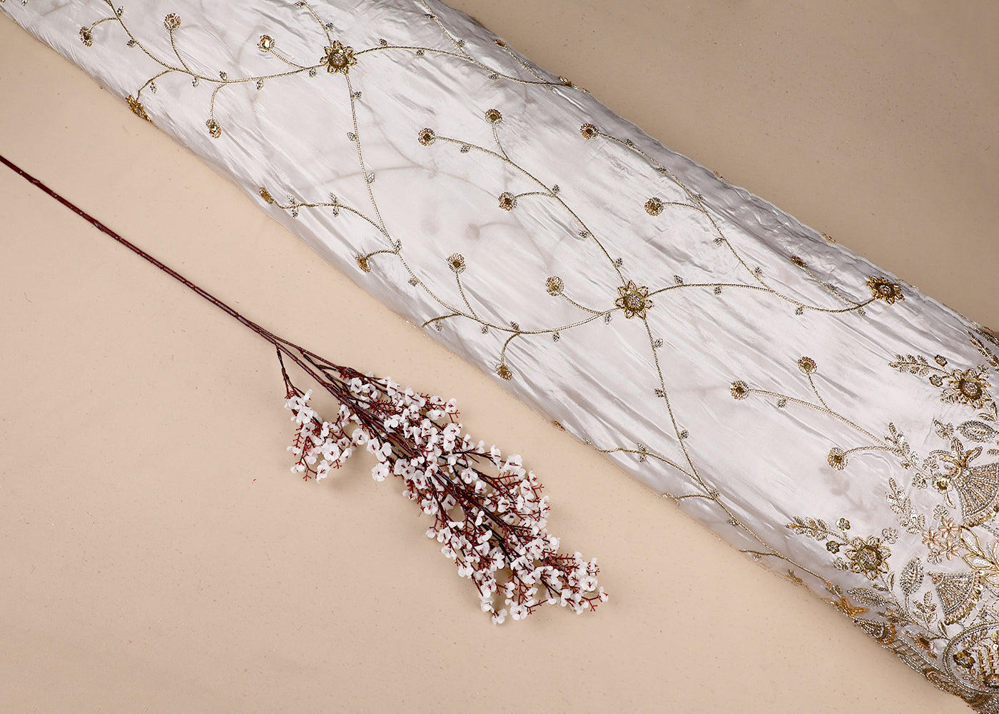 White Crepe Fabric With All Over Bead, Zari, Sequins Work And One Side Heavy Border 19591