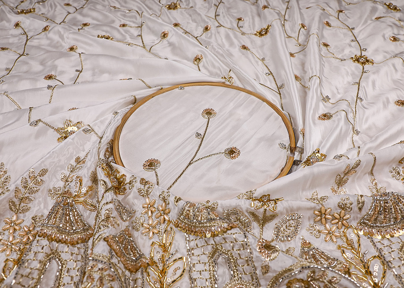 White Crepe Fabric With All Over Bead, Zari, Sequins Work And One Side Heavy Border 19591