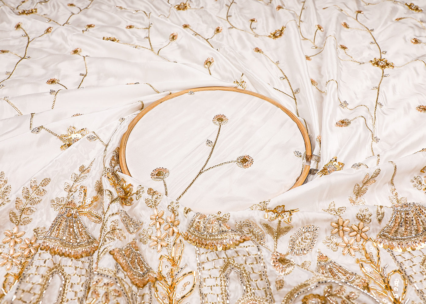 White Crepe Fabric With All Over Bead, Zari, Sequins Work And One Side Heavy Border 19591