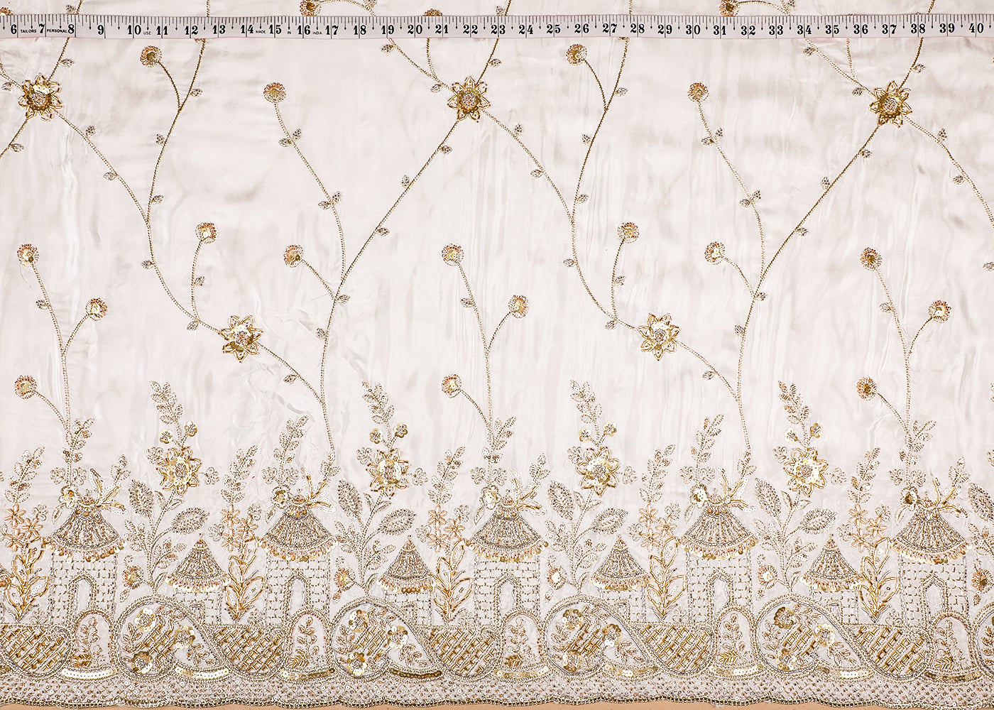 White Crepe Fabric With All Over Bead, Zari, Sequins Work And One Side Heavy Border 19591