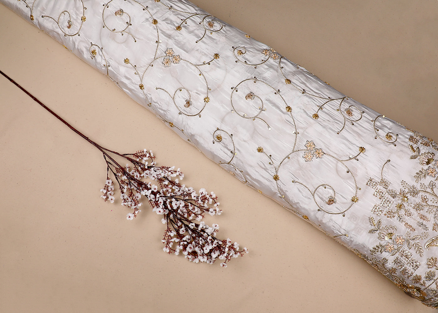 White Crepe Fabric With All Over Bead, Zari, Sequins Work And One Side Heavy Border 19592