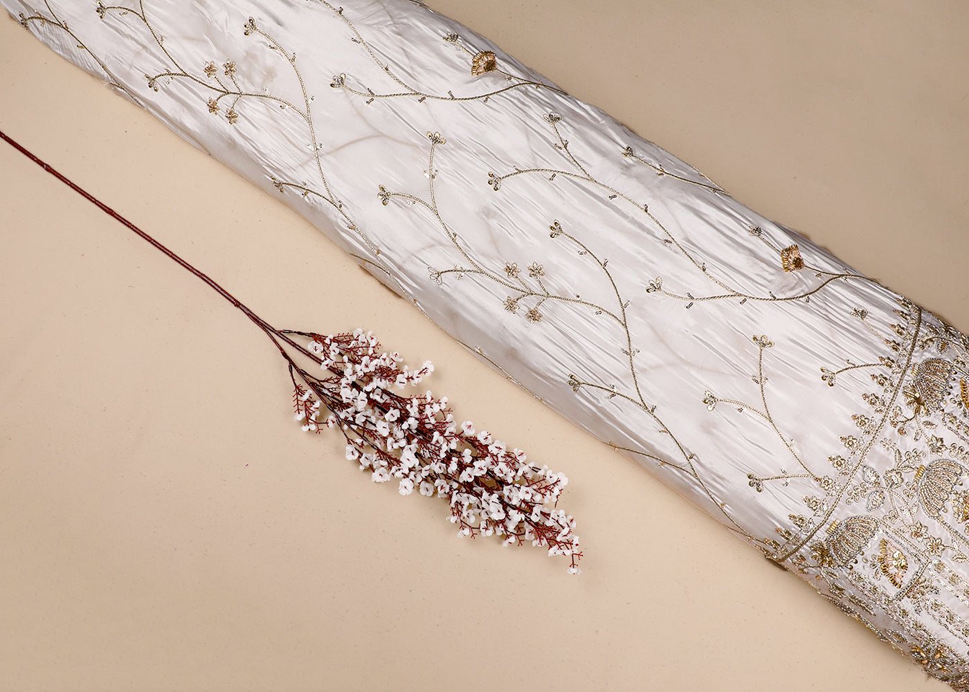 White Crepe Fabric With All Over Bead, Zari, Sequins Work And One Side Heavy Border 19593