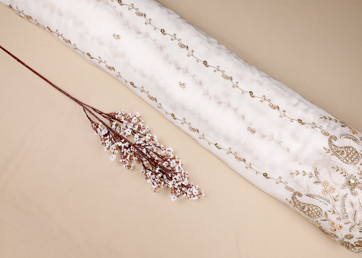 White Georgette Fabric With All Over Bead, Zari, Sequins Work And One Side Heavy Border 19594