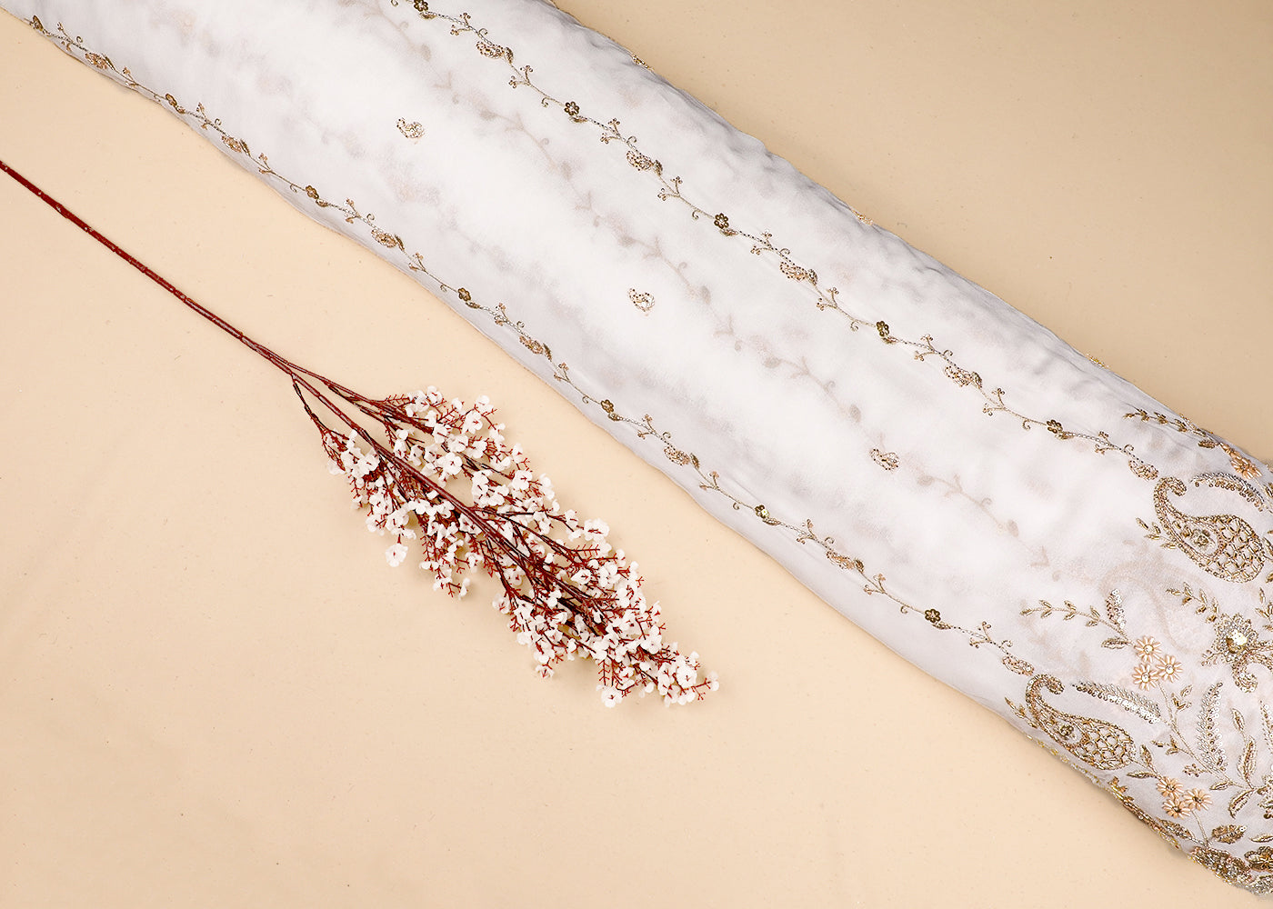 White Georgette Fabric With All Over Bead, Zari, Sequins Work And One Side Heavy Border 19594