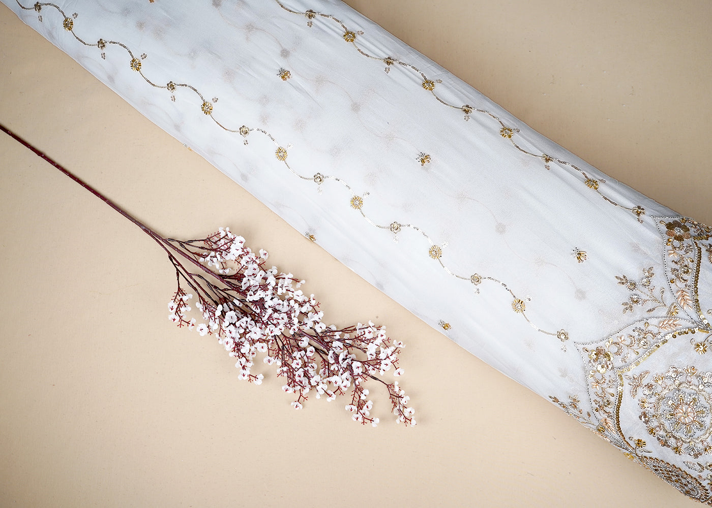 White Georgette Fabric With All Over Katdana, Bead, Zari And Sequins Work With One Side Border 19595
