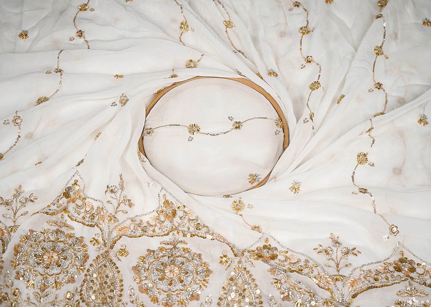 White Georgette Fabric With All Over Katdana, Bead, Zari And Sequins Work With One Side Border 19595