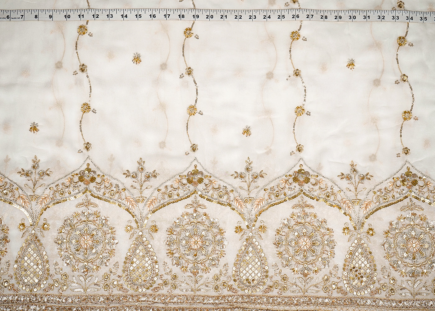 White Georgette Fabric With All Over Katdana, Bead, Zari And Sequins Work With One Side Border 19595