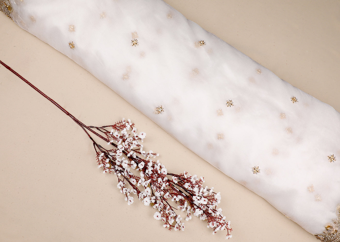 White Organza Fabric With All Over Bead, Zari, Katdana, Sequins Work And Two Side Scalloped Border 19596