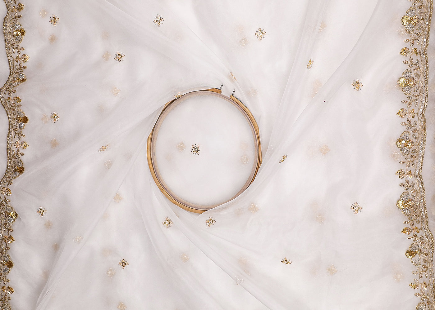 White Organza Fabric With All Over Bead, Zari, Katdana, Sequins Work And Two Side Scalloped Border 19596
